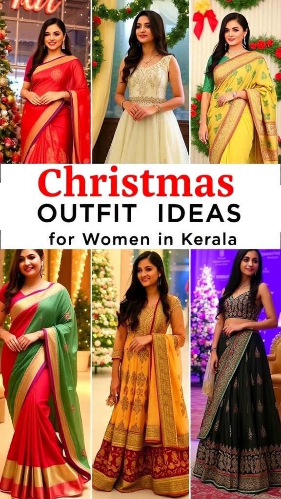 A collage of Christmas outfits for women in Kerala, including sarees, Anarkali suits, and western dresses, set against a festive backdrop.